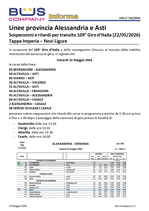 Avviso: limitazioni/soppressioni corse di Tpl in occasione del Giro d'Italia di venerdì 22 maggio 2026