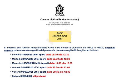 Avviso modifica orari uffici comunali